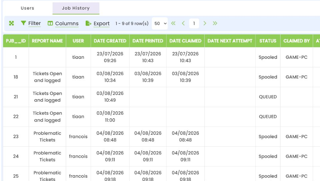 The Job History tab in the expanded Server Printers view showing print-job records and their statuses